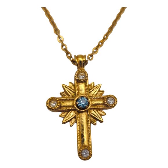 Avon Signed Blue Crystal Cross Necklace 18" Chain Gold Tone Starburst Y5 - Picture 1 of 8